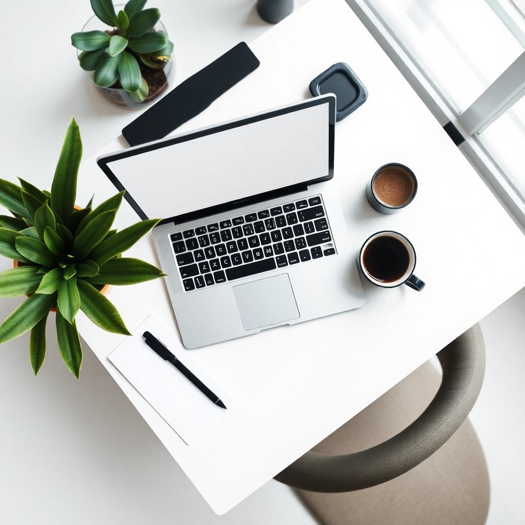 Modern workspace with a laptop and coffee, top view, clean aesthetic, professional business blog style, bright lighting.