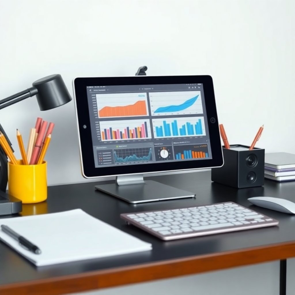 Minimalist office desk with stationery and a tablet showing charts, professional and modern, bright colors.