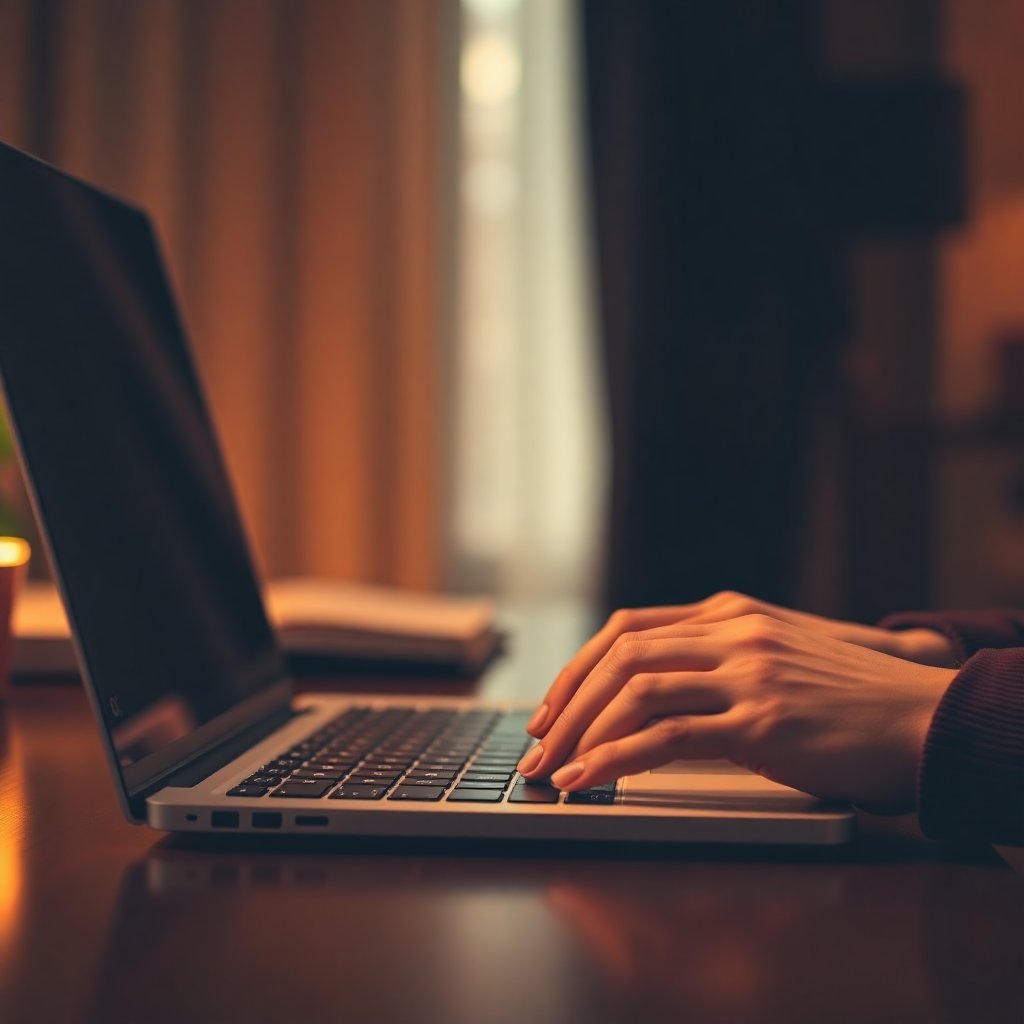 Hands typing on a laptop keyboard, warm lighting, cozy but professional atmosphere, focus on productivity.